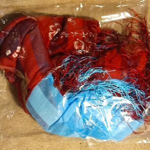 Matching scarves, blue and burgundy stripes